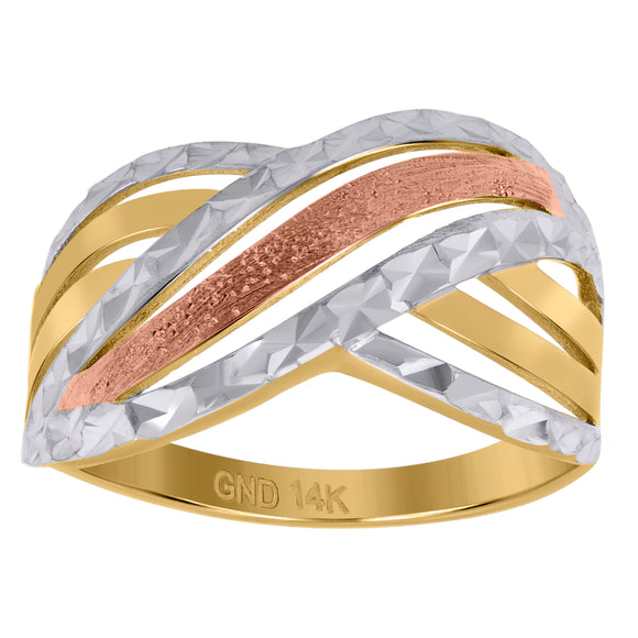 14kt Tri-color Gold Womens Diamond-cut Textured Abstract Engagement Ring