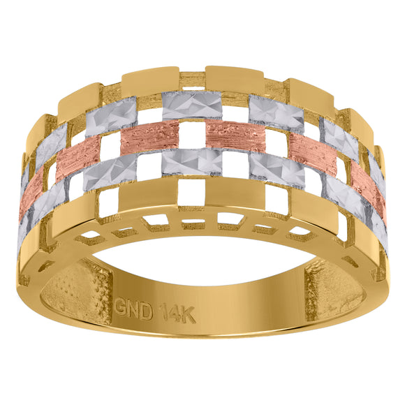 14kt Tri-color Gold Womens Brick Pattern Textured Fancy Ring Band