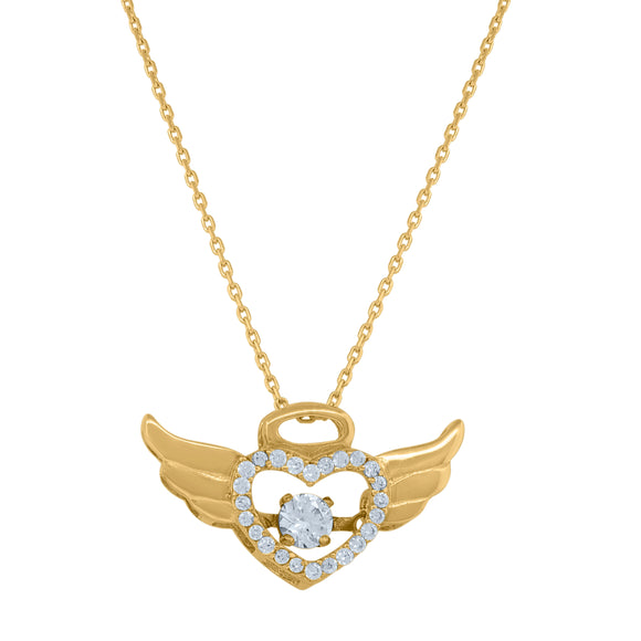 14kt Yellow Gold Womens Cubic Zirconia Heart With Angel Wings Charm Pendant