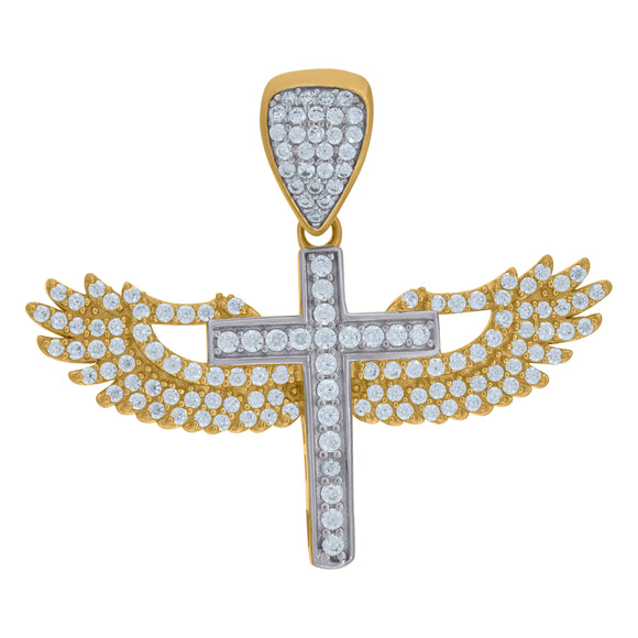 10kt Two-tone Gold Cubic Zirconia Angel Wings Cross Religious Charm Pendant