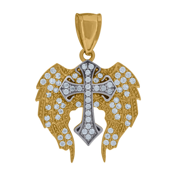10kt Two-tone Gold Cubic Zirconia Angel Wings Cross Religious Charm Pendant