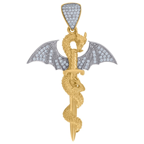 10kt Two-tone Gold Cubic Zirconia Dragon Sword Charm Pendant