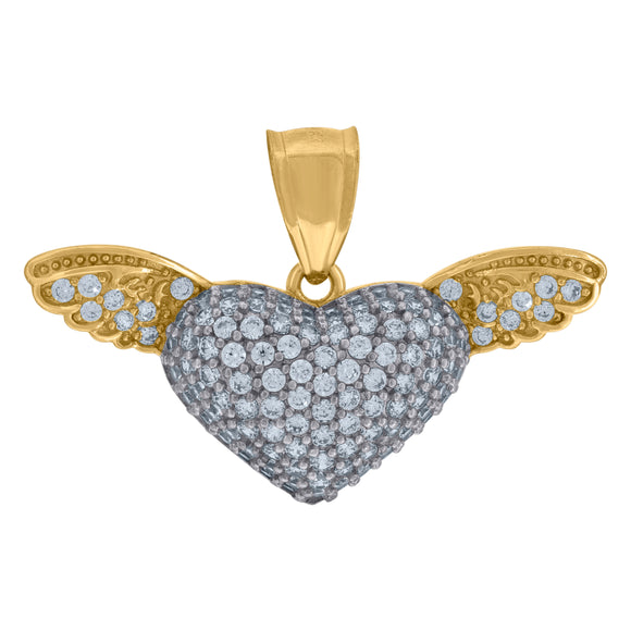 10kt Two-tone Gold Cubic Zirconia Heart Wings Love & Heart Charm Pendant