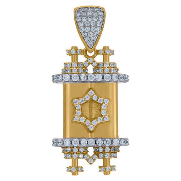 10kt Two-Tone Gold Mens Cubic Zirconia Torah Scroll Religious Charm Pendant