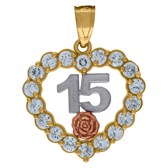 10kt Gold Tri-color Cubic-zirconia 15 Quinceanera Charm Pendant