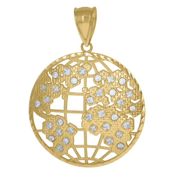 10KT Yellow Gold Mens Cubic Zirconia World Map Globe Charm Pendant