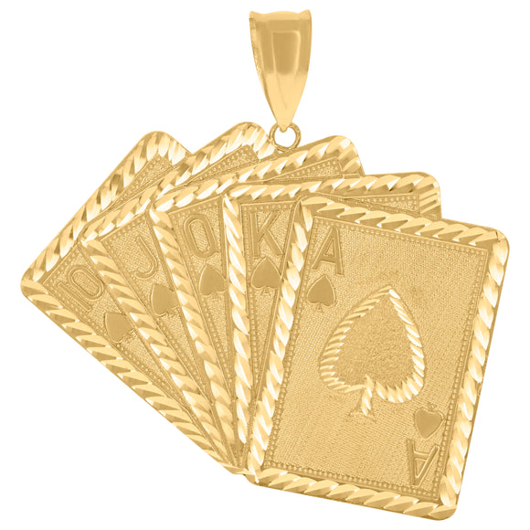 10KT Yellow Gold Mens Royal Flush Cards Charm Pendant