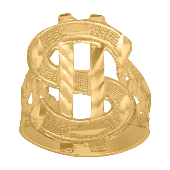 10Kt Yellow Gold Mens Diamond-cut Fashion Currency Dollar Sign Ring