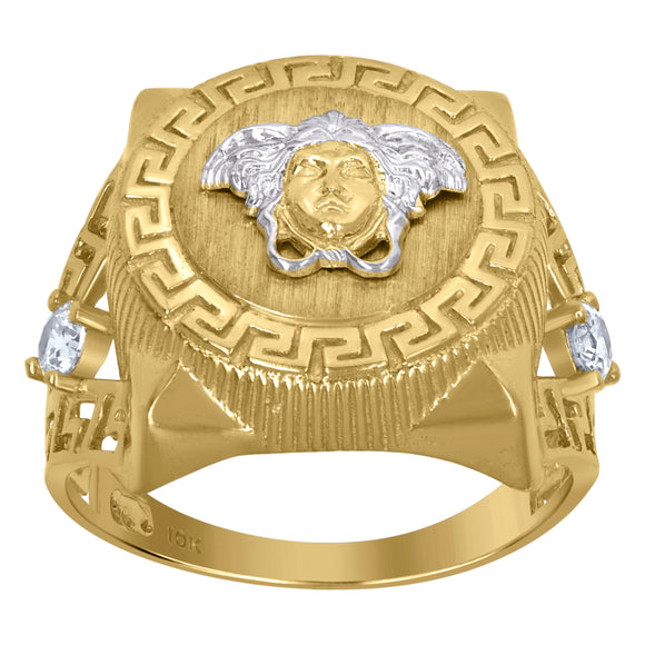 10Kt Two-Tone Gold Mens Cubic-Zirconia Versace Greek Key Egyptian Rings