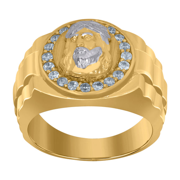 10Kt Two-Tone Gold Mens Cubic-Zirconia Jesus Religious Rings