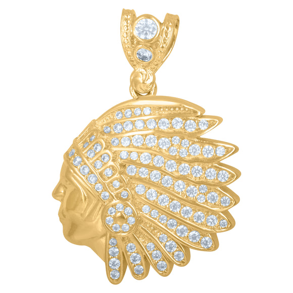 10kt Yellow Gold Mens Cubic Zirconia Native Indian Fashion Charm Pendant