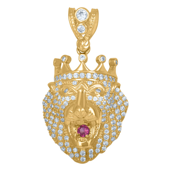 10kt Yellow Gold Mens White Pink Cubic Zirconia Lion Charm Pendant