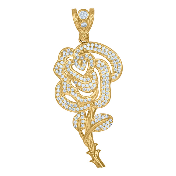10kt Yellow Gold Mens Cubic Zirconia Rose Flower Nature Charm Pendant