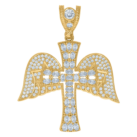 10kt Yellow Gold Mens Cubic Zirconia Angel Wings Cross Religious Charm Pendant