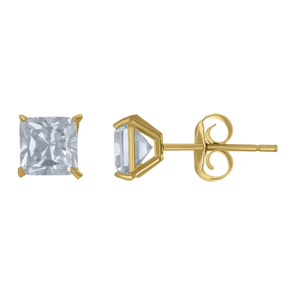 10Kt Yellow Gold Unisex Princess Cut Cubic-Zirconia Square Stud Earrings