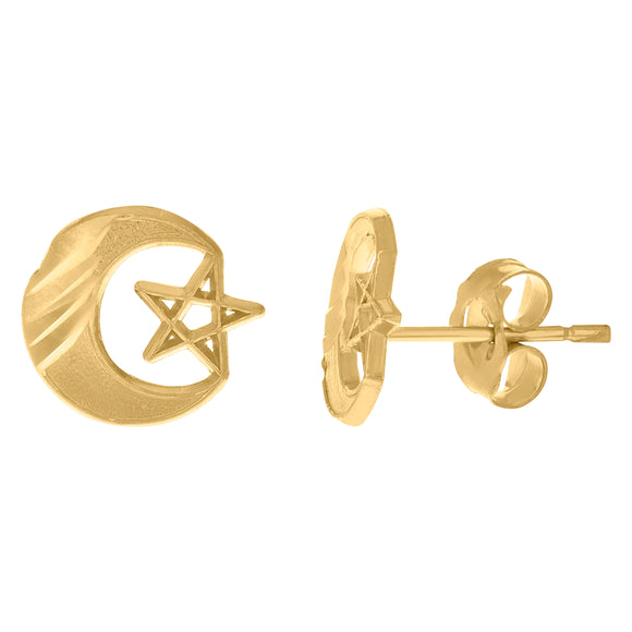 10Kt Yellow Gold Mens Celestial Moon & Star Stud Earrings