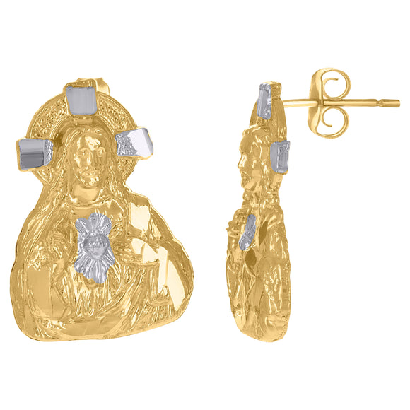 10Kt Two-Tone Gold Mens Religious Sacred Heart Of Jesus Stud Earrings