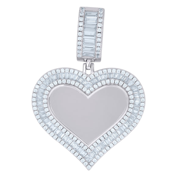 925 Sterling Silver Womens Round Baguette Cubic-Zirconia Heart Picture/Memory Frame Charm Pendant