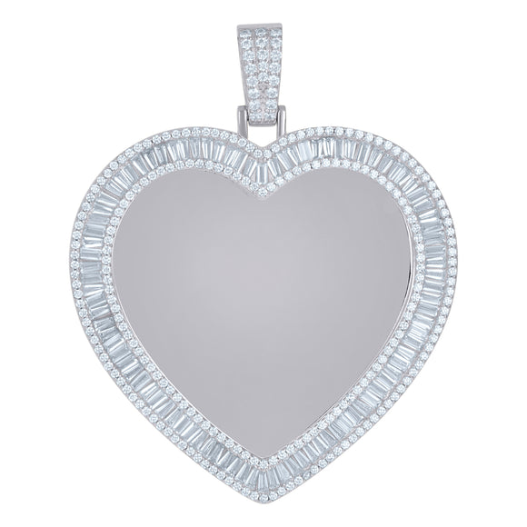 925 Sterling Silver Womens Round Baguette Cubic-Zirconia Heart Picture/Memory Frame Charm Pendant