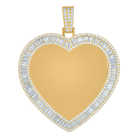 925 Sterling Silver Yellow-Tone Womens Round Baguette Cubic-Zirconia Heart Picture/Memory Frame Charm Pendant