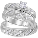 10kt White Gold His Hers Princess Diamond Cluster Matching Wedding Set 3/8 Cttw