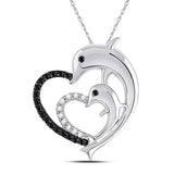 10kt White Gold Womens Round Black Color Enhanced Diamond Dolphin Heart Pendant 1/8 Cttw