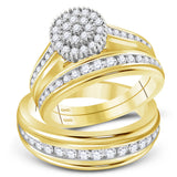 10kt Yellow Gold His Hers Round Diamond Cluster Matching Wedding Set 1 Cttw
