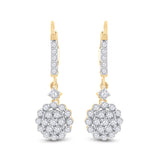 14kt Yellow Gold Womens Round Diamond Flower Cluster Dangle Earrings 1 Cttw