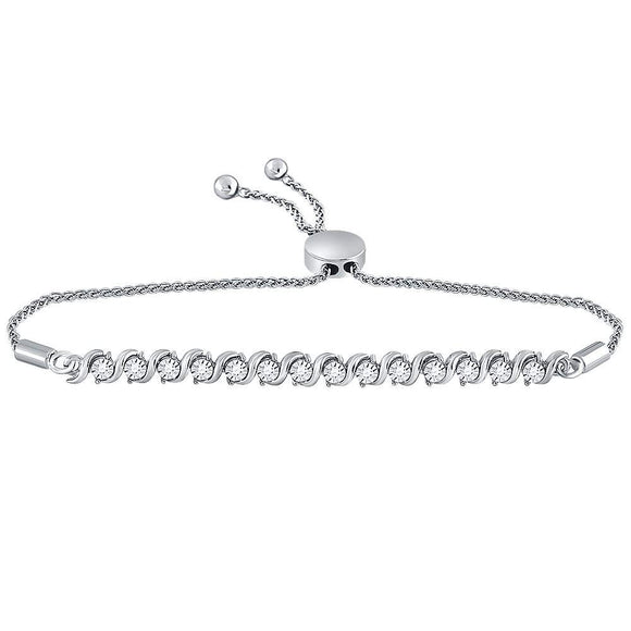 10kt White Gold Womens Round Pave-set Diamond Single Row Bolo Bracelet 1/2 Cttw
