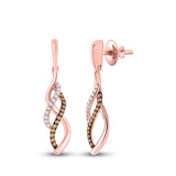 14kt Rose Gold Womens Round Brown Diamond Dangle Earrings 1/5 Cttw