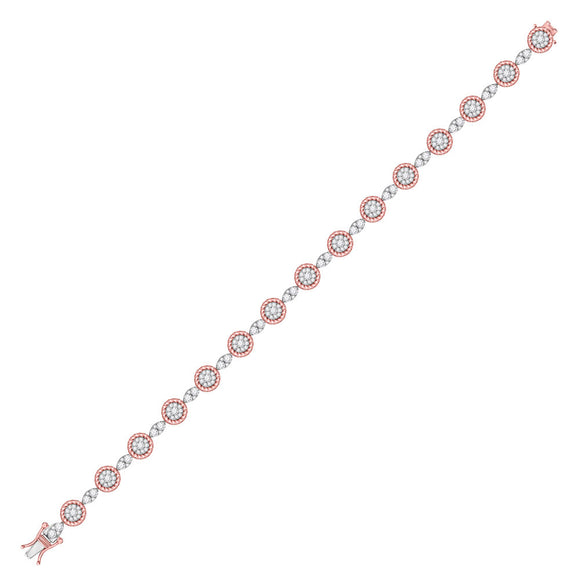 14kt Two-tone Gold Womens Round Diamond Flower Cluster Fashion Bracelet 2-1/2 Cttw
