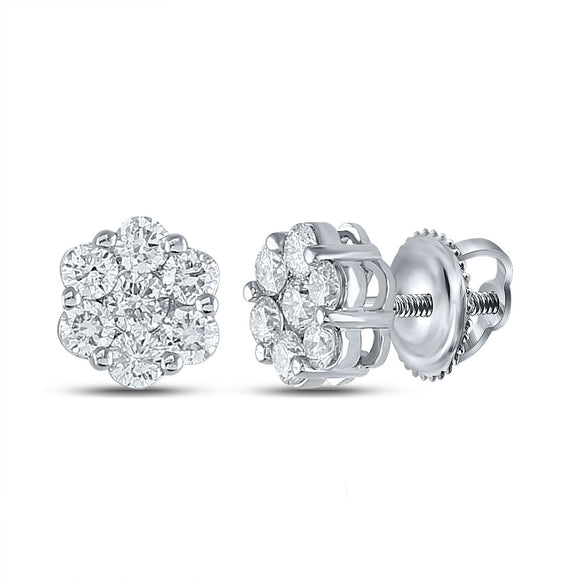 14kt White Gold Womens Round Diamond Flower Cluster Earrings 1-1/2 Cttw