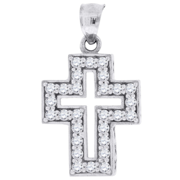 10kt White Gold Womens Mens Round Cubic Zirconia Cubic-zirconia Cross Religious Charm Pendant