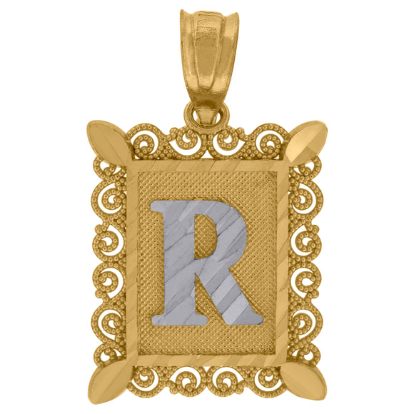 10kt Two-tone Gold Unisex Diamond-cut Initial R Charm Pendant