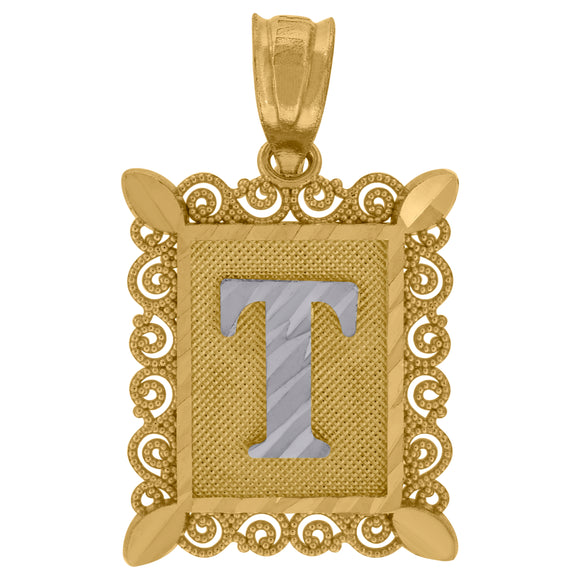 10kt Two-tone Gold Unisex Diamond-cut Initial T Charm Pendant
