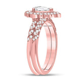 14kt Rose Gold Pear Diamond Milgrain Bridal Wedding Ring Band Set 1-1/3 Cttw