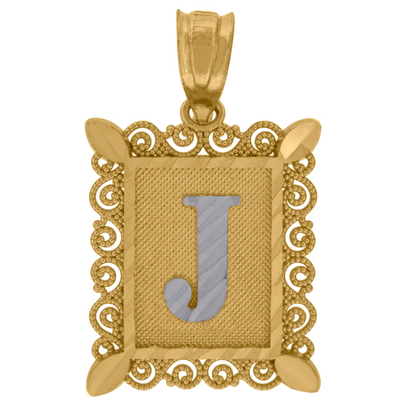 10kt Gold Two-tone Diamond-cut Unisex Letter J Ht:25.9mm x W:15.9mm Initial Charm Pendant