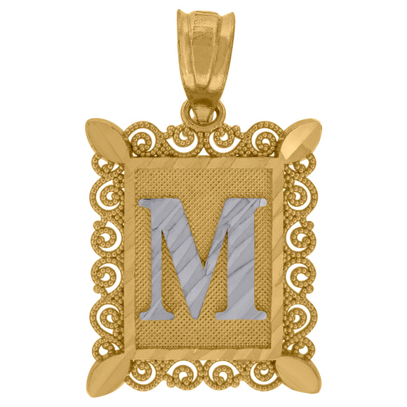 10kt Two-tone Gold Unisex Diamond-cut Initial M Charm Pendant