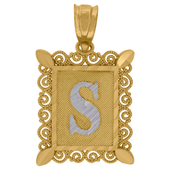 10kt Gold Two-tone Diamond-cut Unisex Letter S Ht:25.1mm x W:15.7mm Initial Charm Pendant