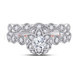 14kt Two-tone Gold Round Diamond Lotus Bridal Wedding Ring Band Set 3/4