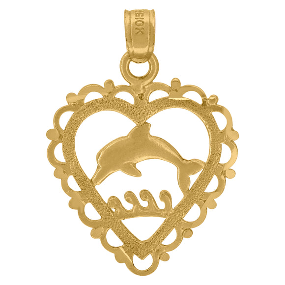 10kt Yellow Gold Womens Dolphin Heart Ht:26.4mm x W:18.2mm Animal Charm Pendant