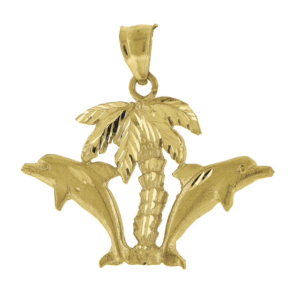 10kt Yellow Gold Womens Hawaiian Palm Tree Double Dolphin Ht:31.4mm x W:33.1mm Animal Charm Pendant
