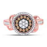10kt Rose Gold Womens Round Brown Diamond Flower Cluster Ring 1/2 Cttw