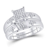 10kt White Gold His Hers Round Diamond Cross Matching Wedding Set 1/12 Cttw