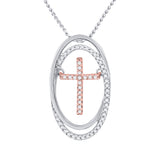 10kt Two-tone Gold Womens Round Diamond Oval Moving Cross Pendant 1/8 Cttw