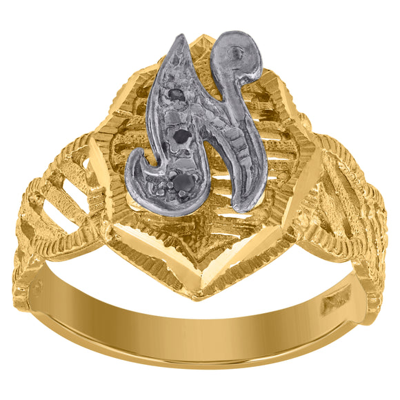 10kt Two-tone Gold Unisex Cubic Zirconia DC Textured Initial Letter N Ring