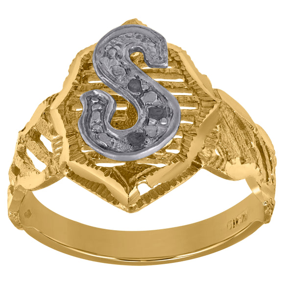 10kt Two-tone Gold Unisex Cubic Zirconia DC Textured Initial Letter S Ring