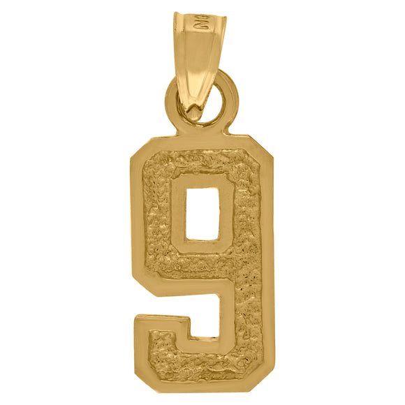 10kt Yellow Gold Unisex Textured Number 9 Charm Pendant