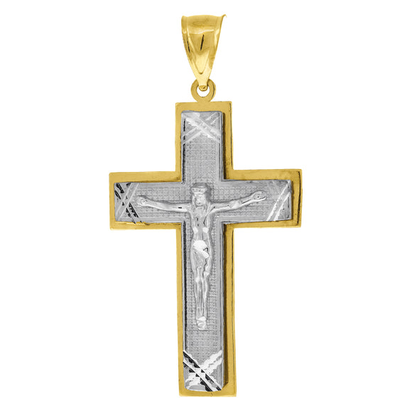10kt Gold Two-tone Diamond-cut Unisex Cross Crucifix Ht:56.9mm x W:28.8mm Religious Charm Pendant