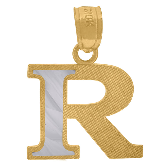 10kt Two-tone Gold Unisex Diamond-cut Initial R Charm Pendant